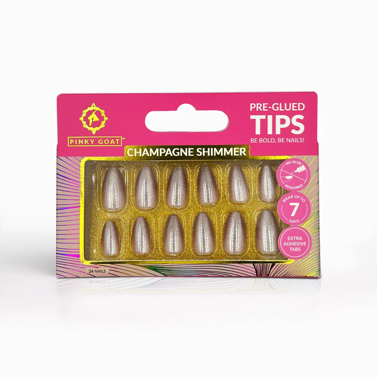 Pinky Goat Tips Pre-Glued Almond Shape Nails Champagne Shimmer, Best UAE False Nail
