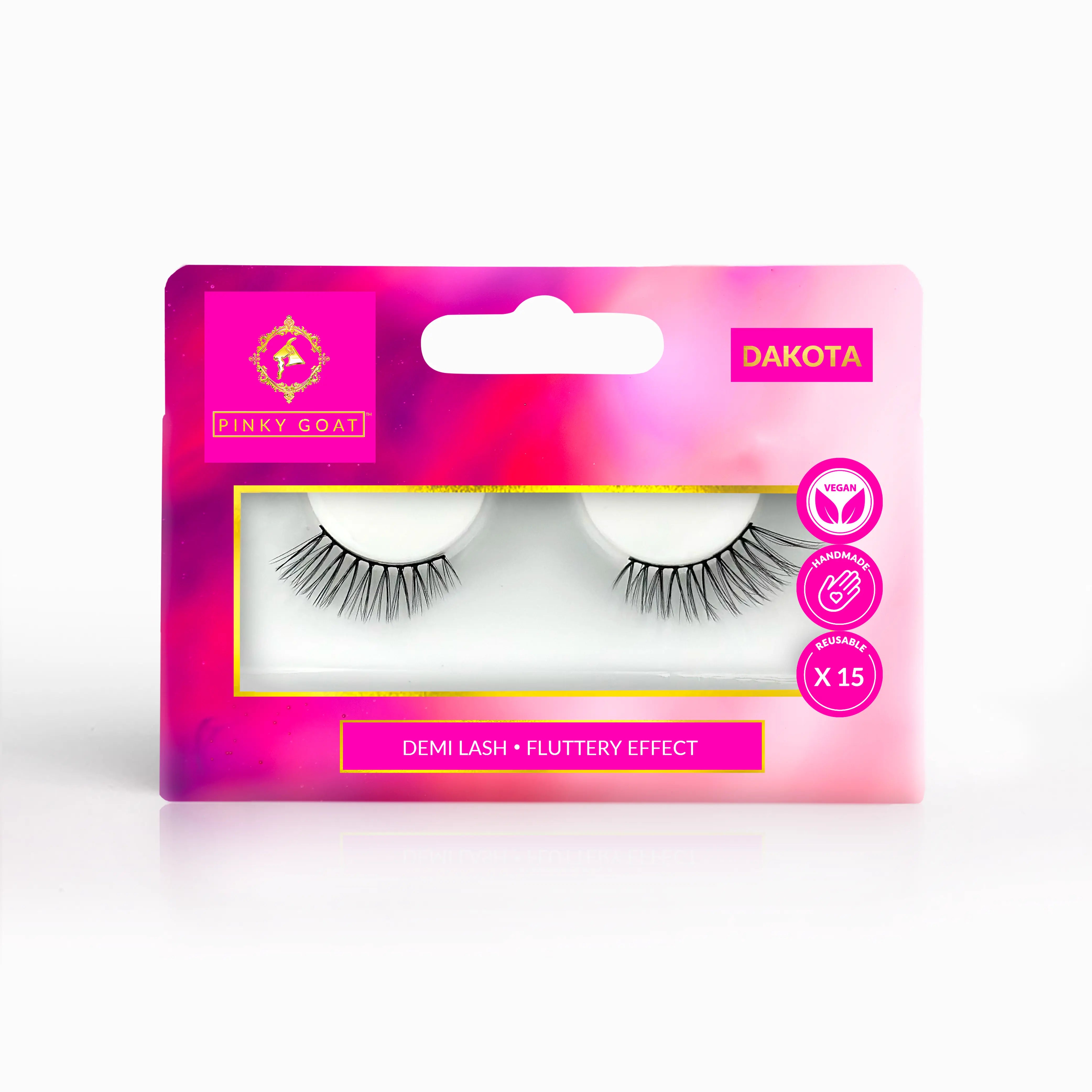 Dakota false demi-lashes packaging with pink and purple design on a white background