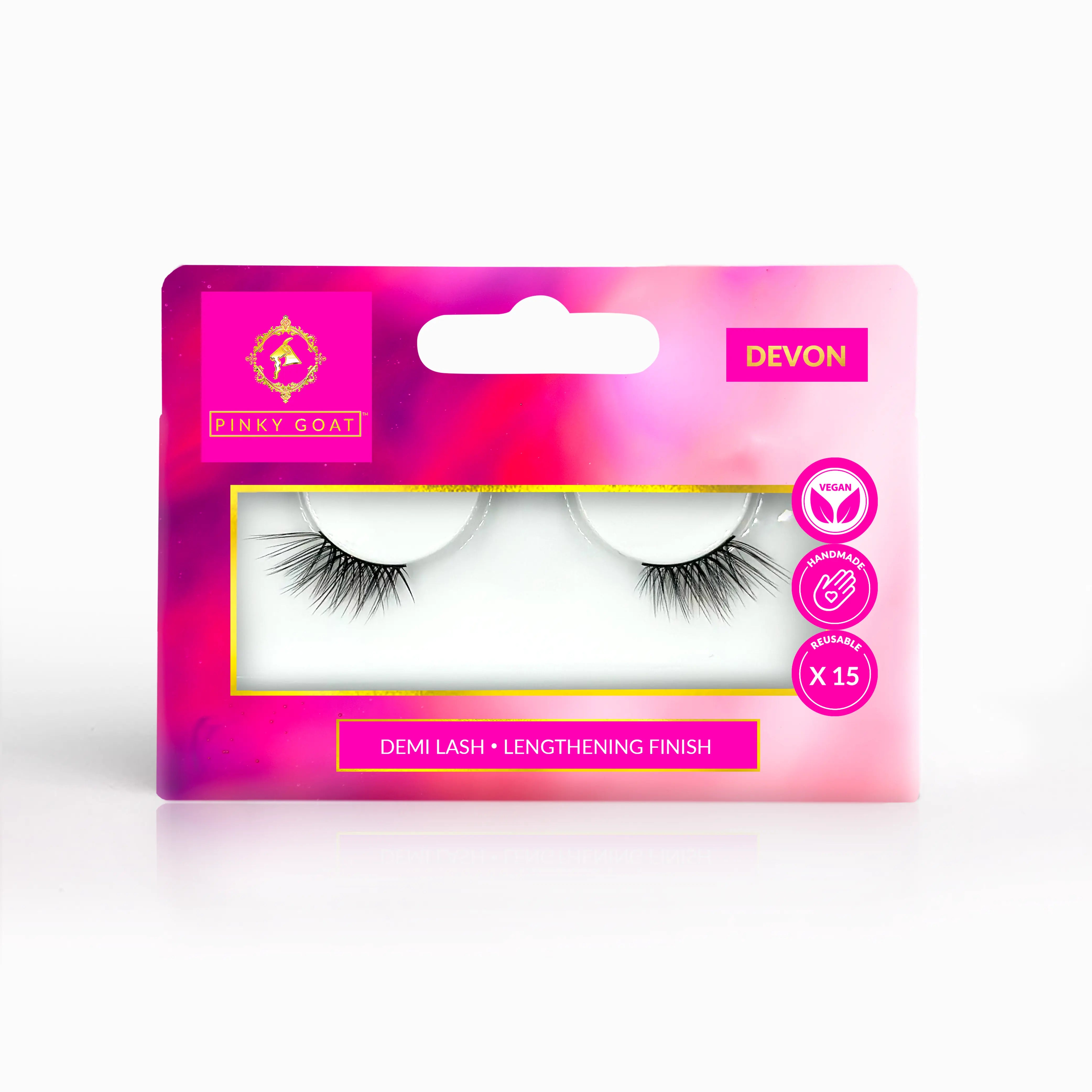 Packaging devon lengthening finish demi lashes with 'Pinky Goat' branding on a white background