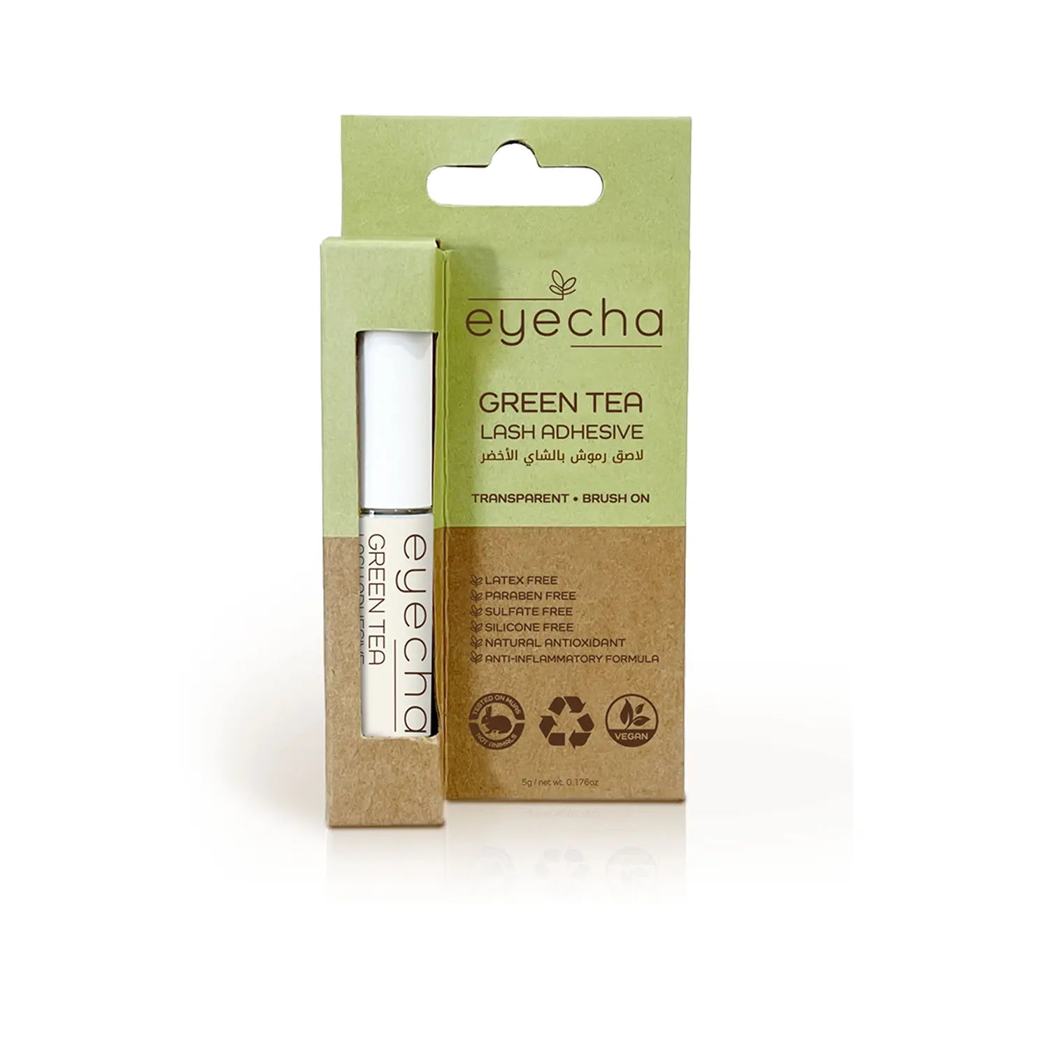 Eyecha green tea lash adhesive, vegan and latex-free packaging