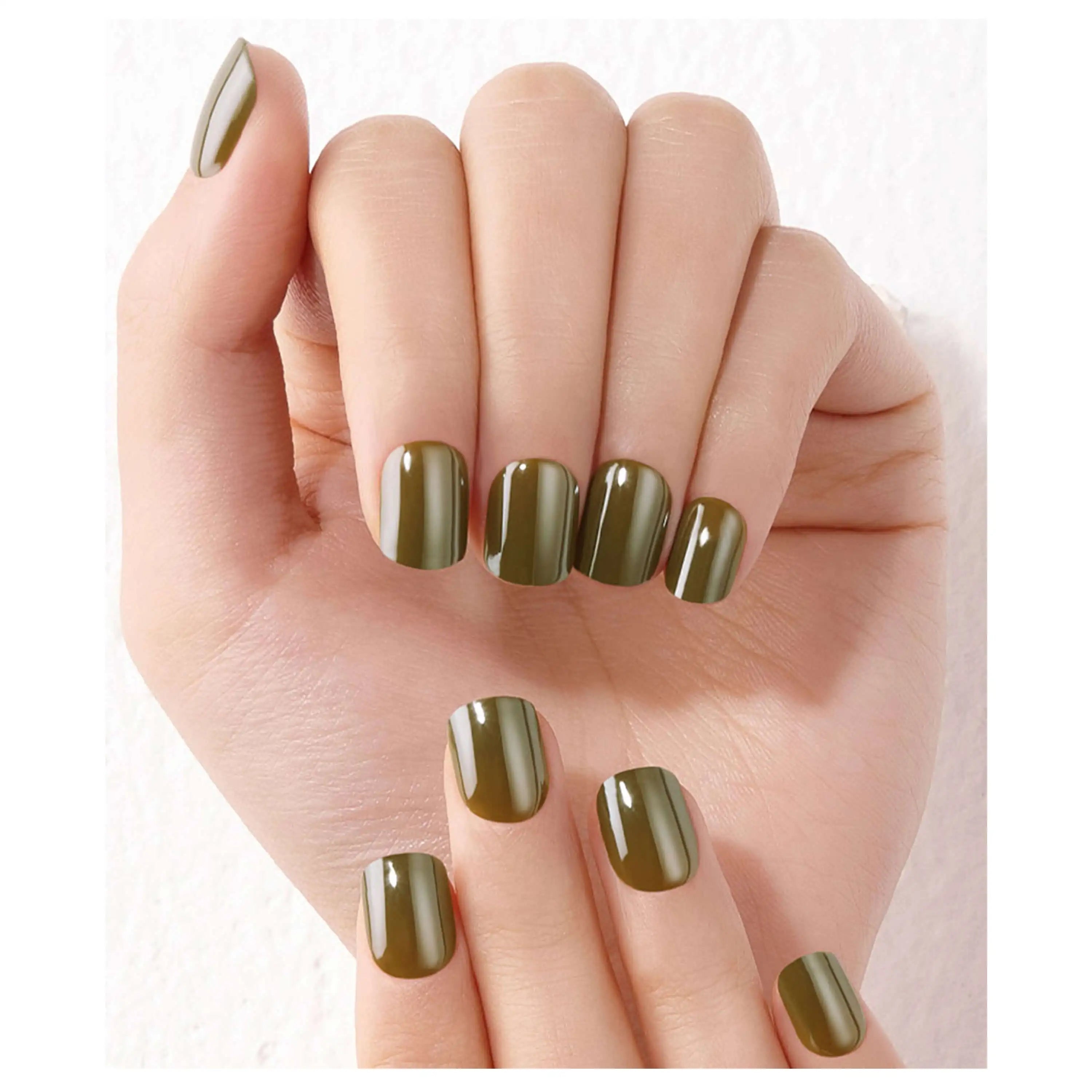 Khaki satin, glossy short press-on nails