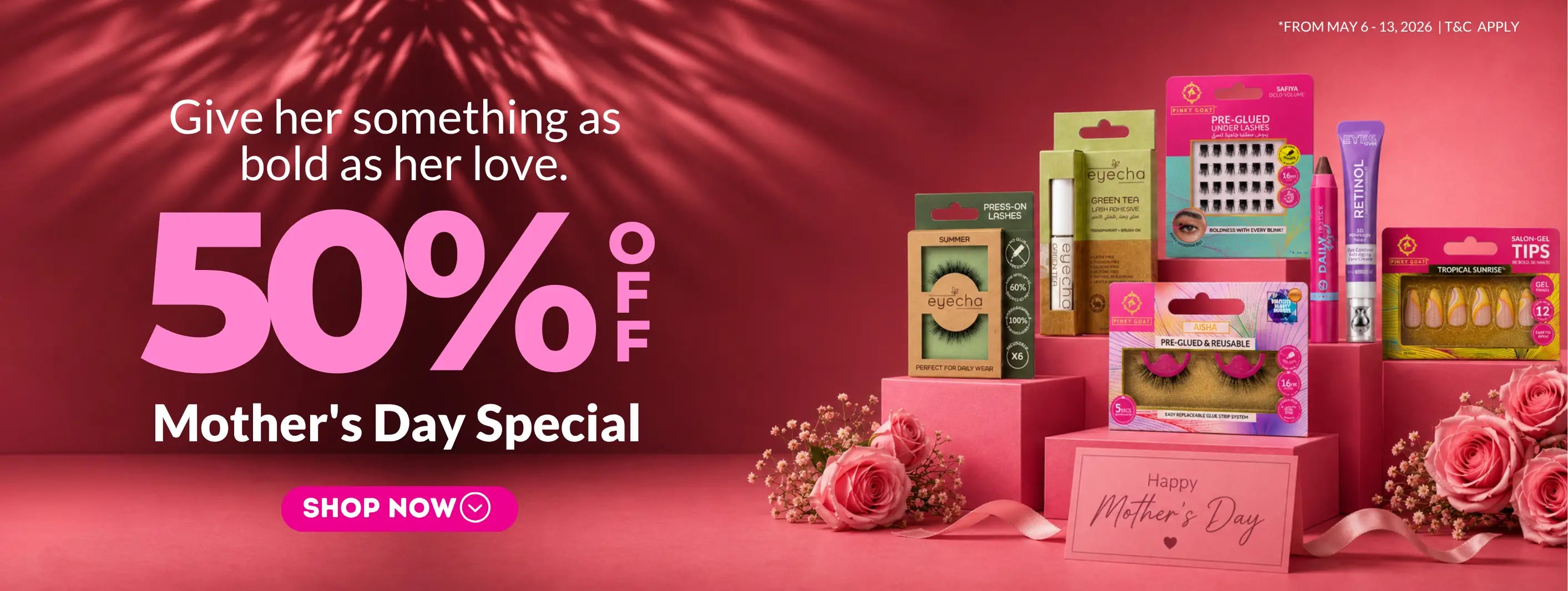 Promotional banner for Mother's Day sale with products and flowers on a red background.