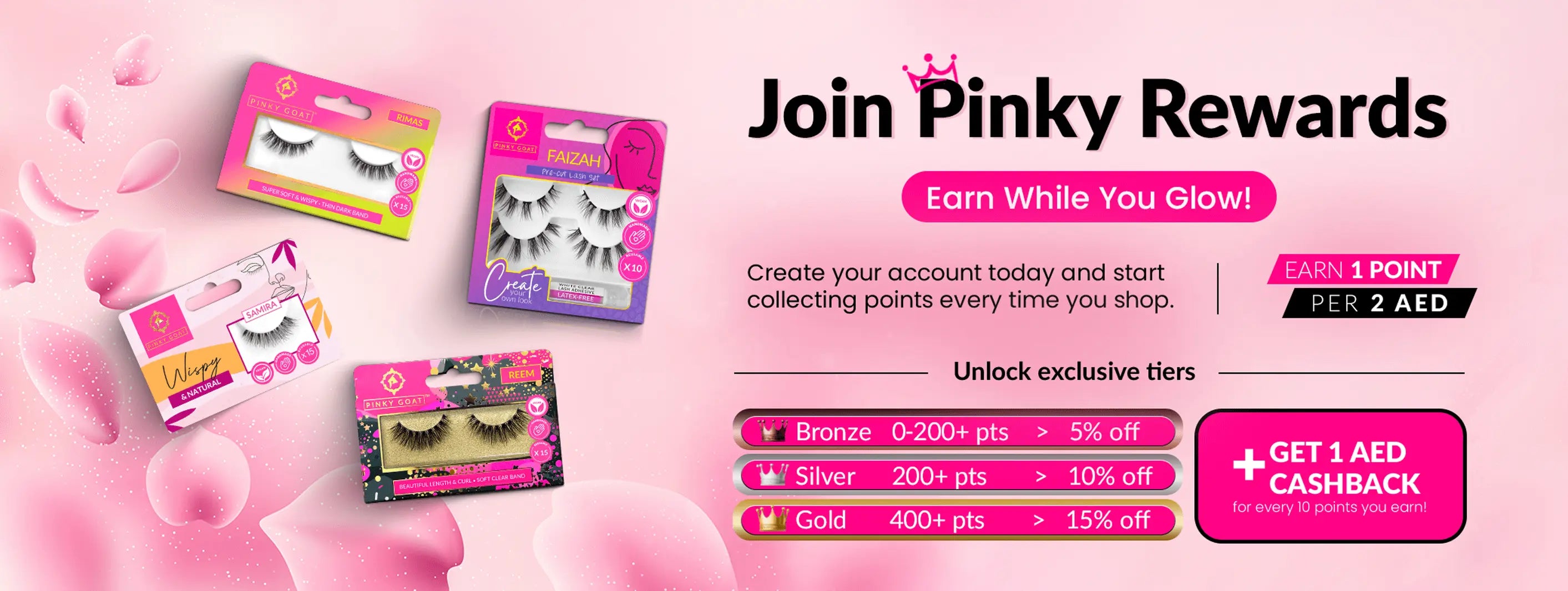Pinky Rewards program advertisement with eye lashes and cashback offer on a pink background
