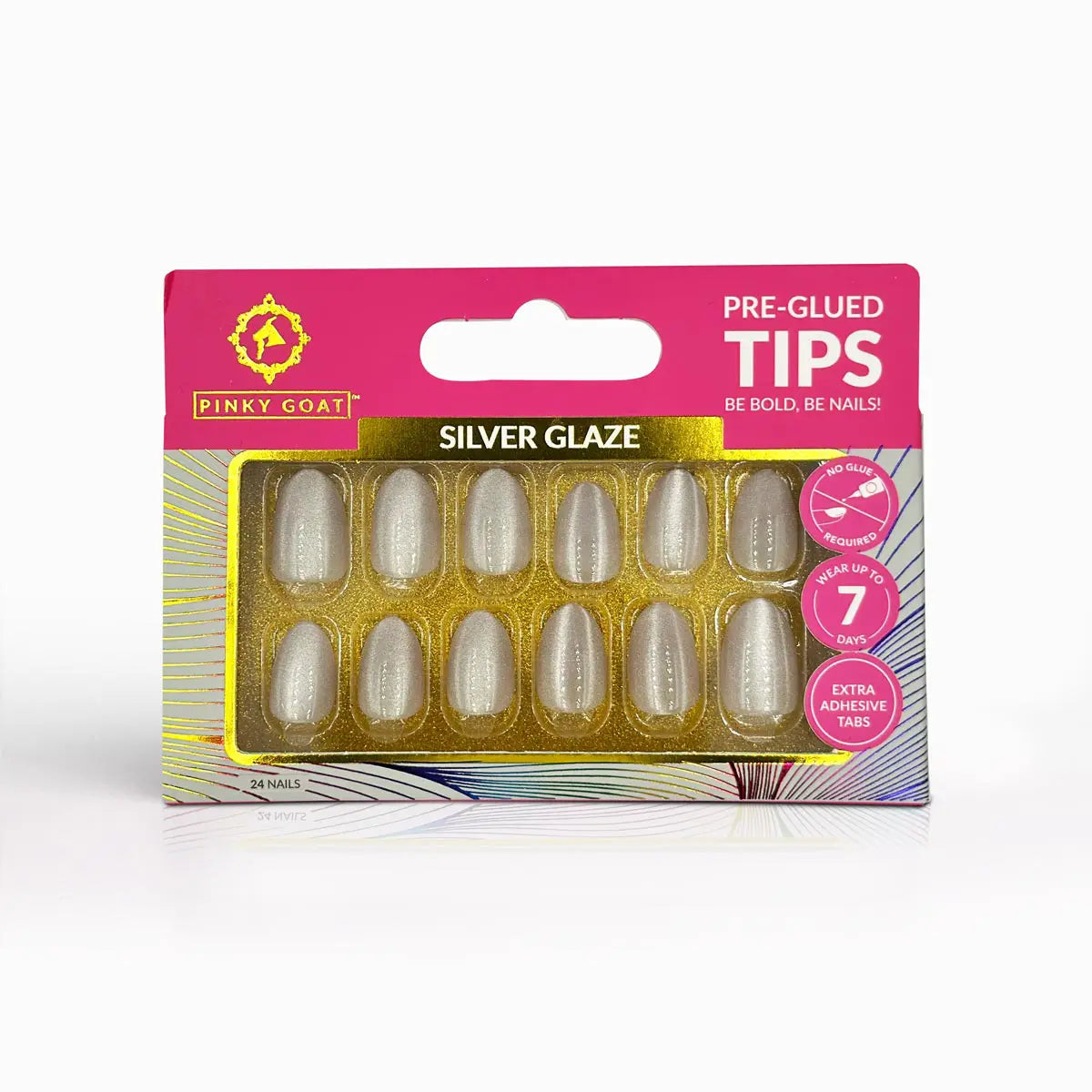 Pinky Goat Tips Pre-Glued Almond Shape Nails Silver Glaze, Best UAE False Nails