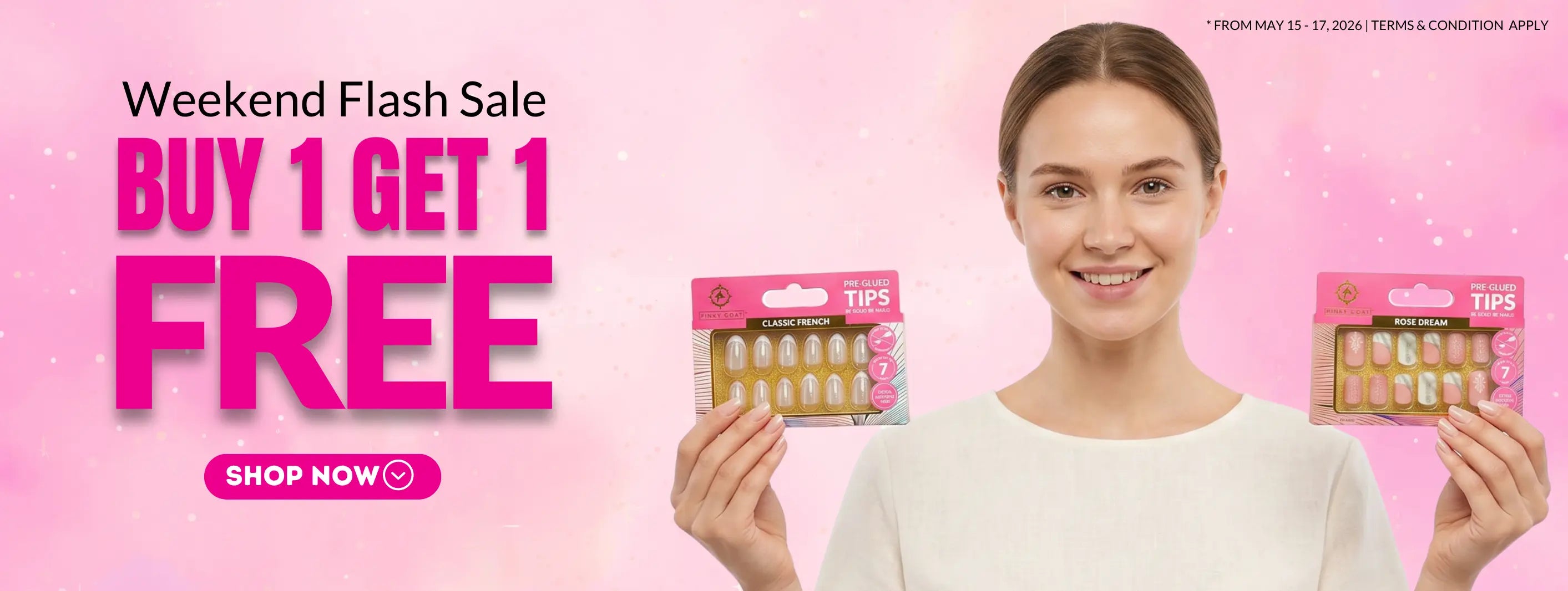 Woman holding 2 Pinky Tips with a 'Buy 1 Get 1 Free' offer on a pink background